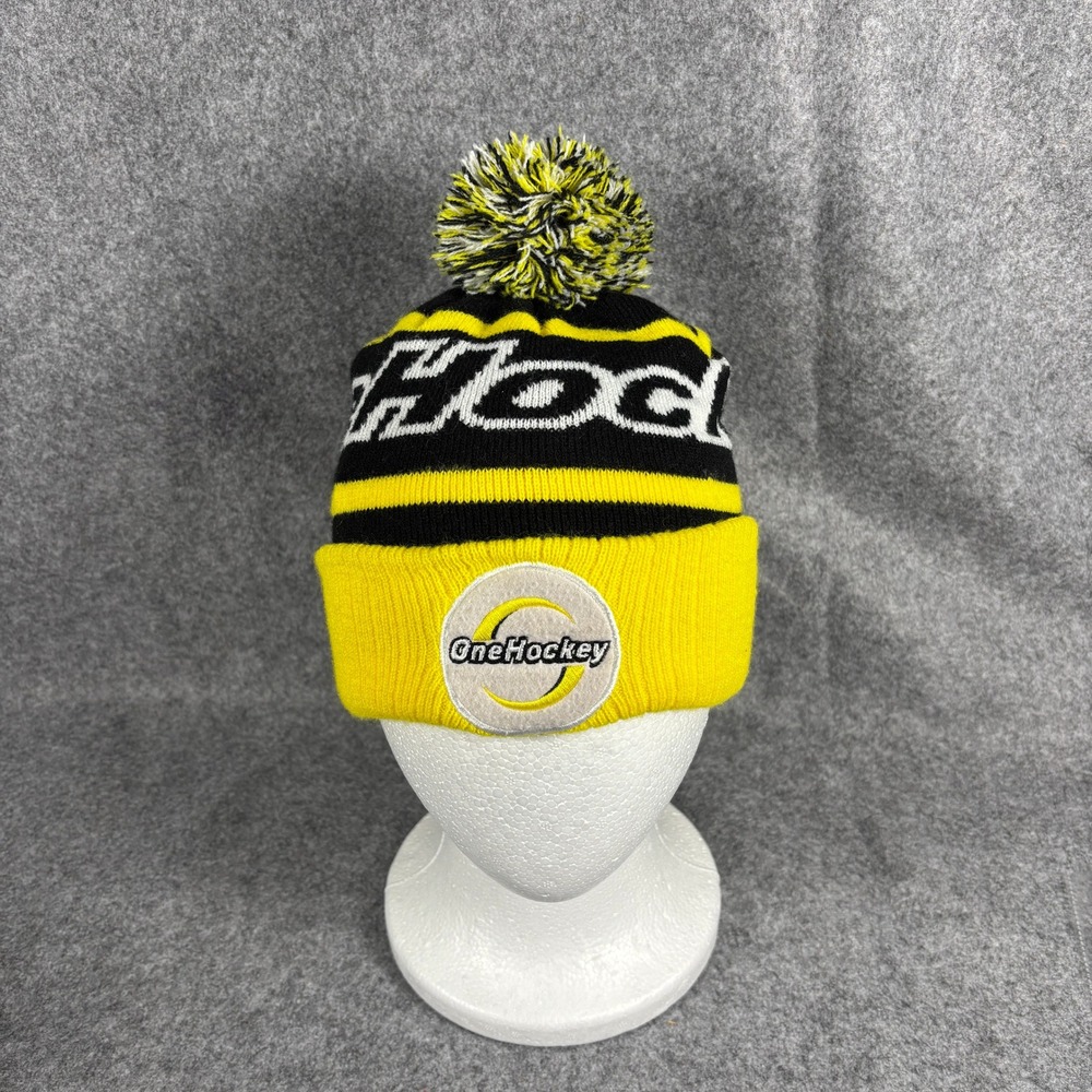 OneHockey Beanie Hat One Size Black Yellow Striped Cuffed Pom Pom Knit Cap